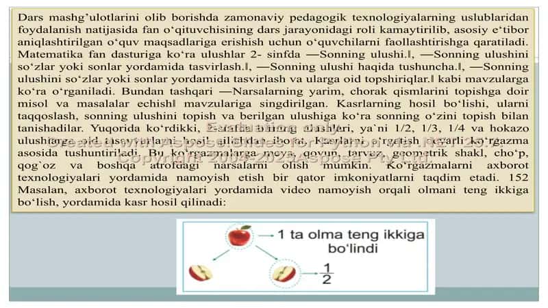 Ulushga koʻra butunni, butunga koʻra ulushni topishga doir masalalarni yechishni oʻrgatishda axborot texnologiyalaridan foydalanishni oʻrgatish 3