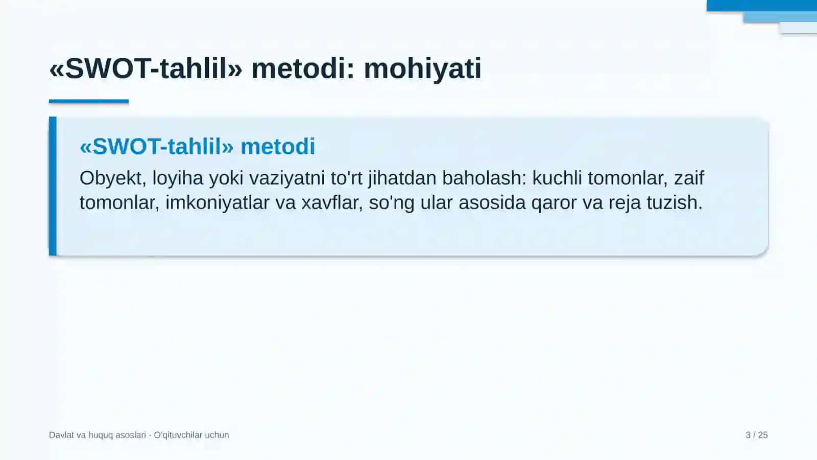 davlat va huquq asoslari darslarida swot tahlil metodidan foydalanish 4065 3