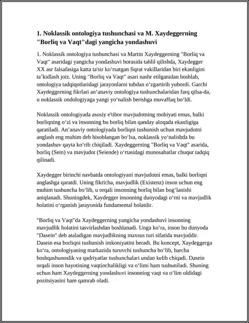 NOKLASSIK ONTOLOGIYANING YO‘NALISHLARI VA MOHIYATI BO‘YICHA ESSE TAYYORLASH (M.XAYDEGGERNING BORLIQ VA VAQT ASARI ASOSIDA) 3