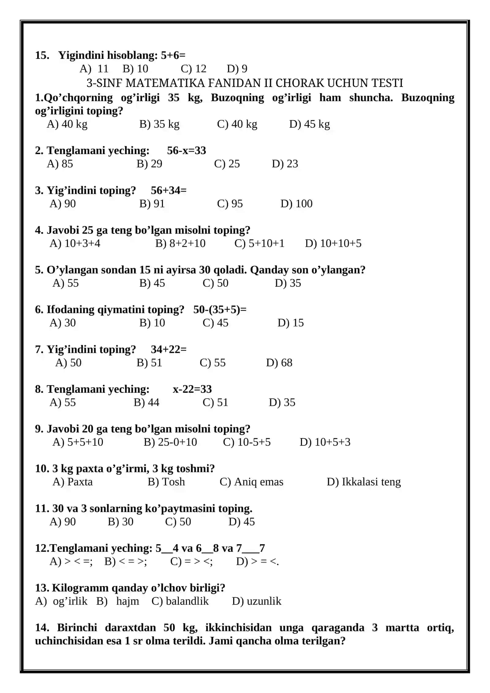 3-SINMATEMATIKA FANIDAN  CHORAK UCHUN TESTI 3
