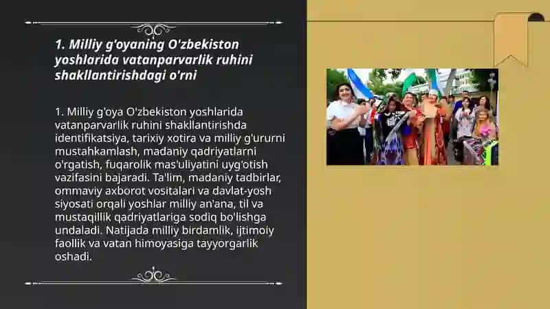 Ozbekiston yoshlari buyuk kelajsk sari yetaklashda milliy gʻoyaning orni 3