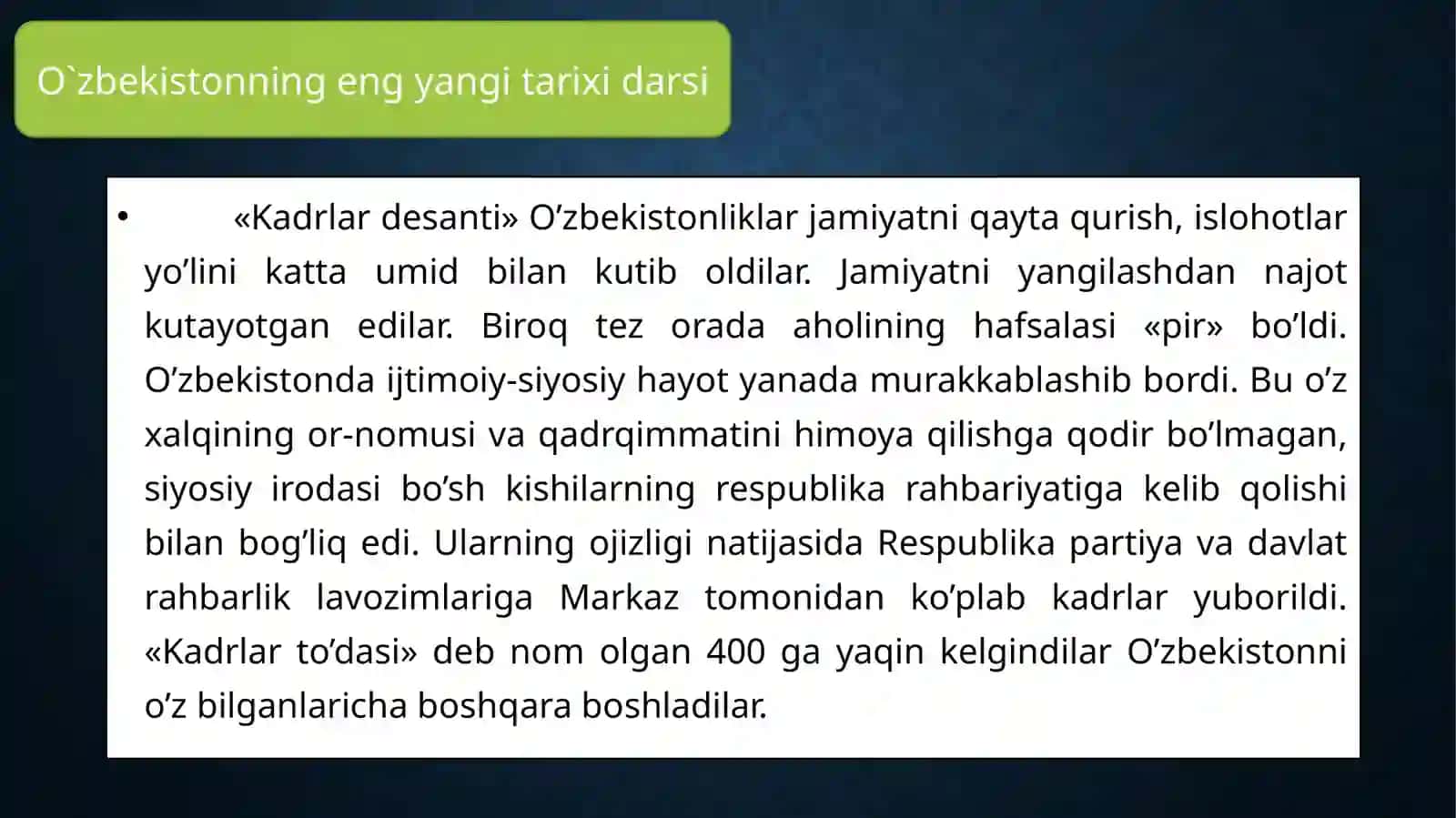 «Kadrlardesanti» O'zbekistonliklar jamiyatni qayta qurish islohotlari 3