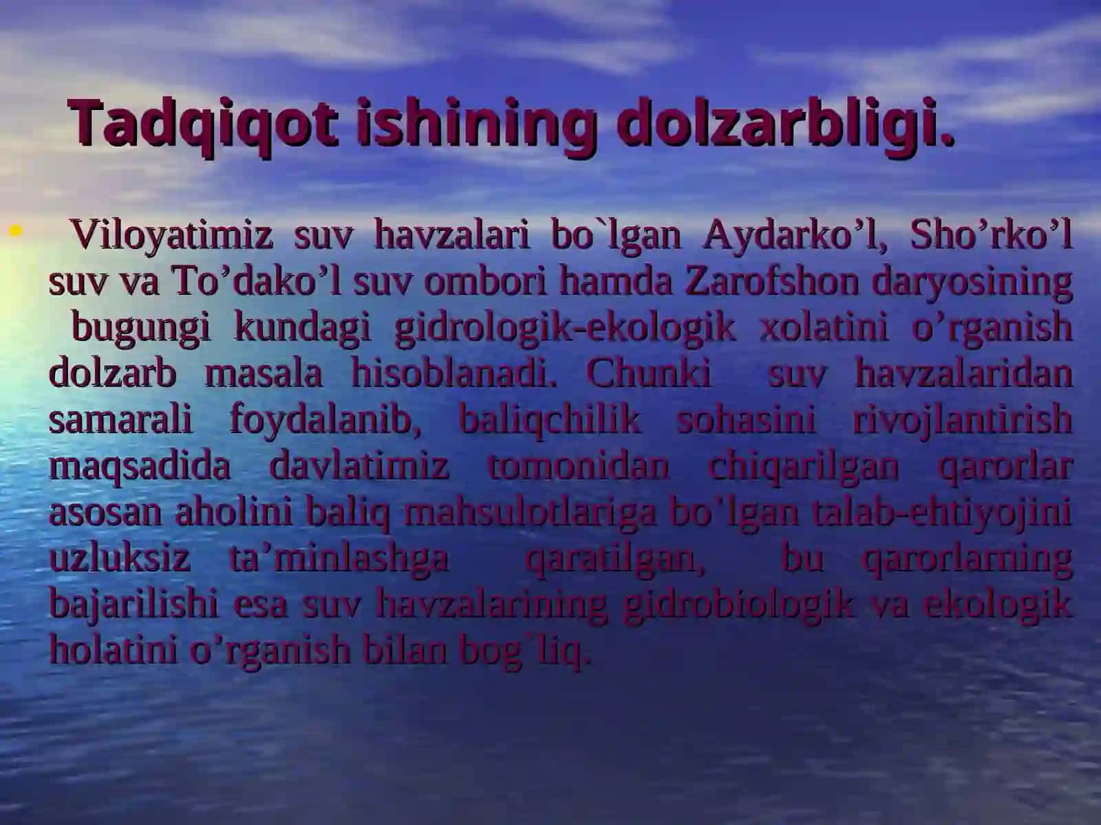 SHARIPOVA DILDORARAJABOVNANING“SUV RESURSLARINI MUHOFAZAQILISh VA ULARDAN SAMARALI FOYDALANISh (Navoiy viloyati misolida)”MAVZUSIDA BAJARGAN MAGISTRLIKDISSERTATSIYASI HIMOYASININGTAQDIMOTI 3