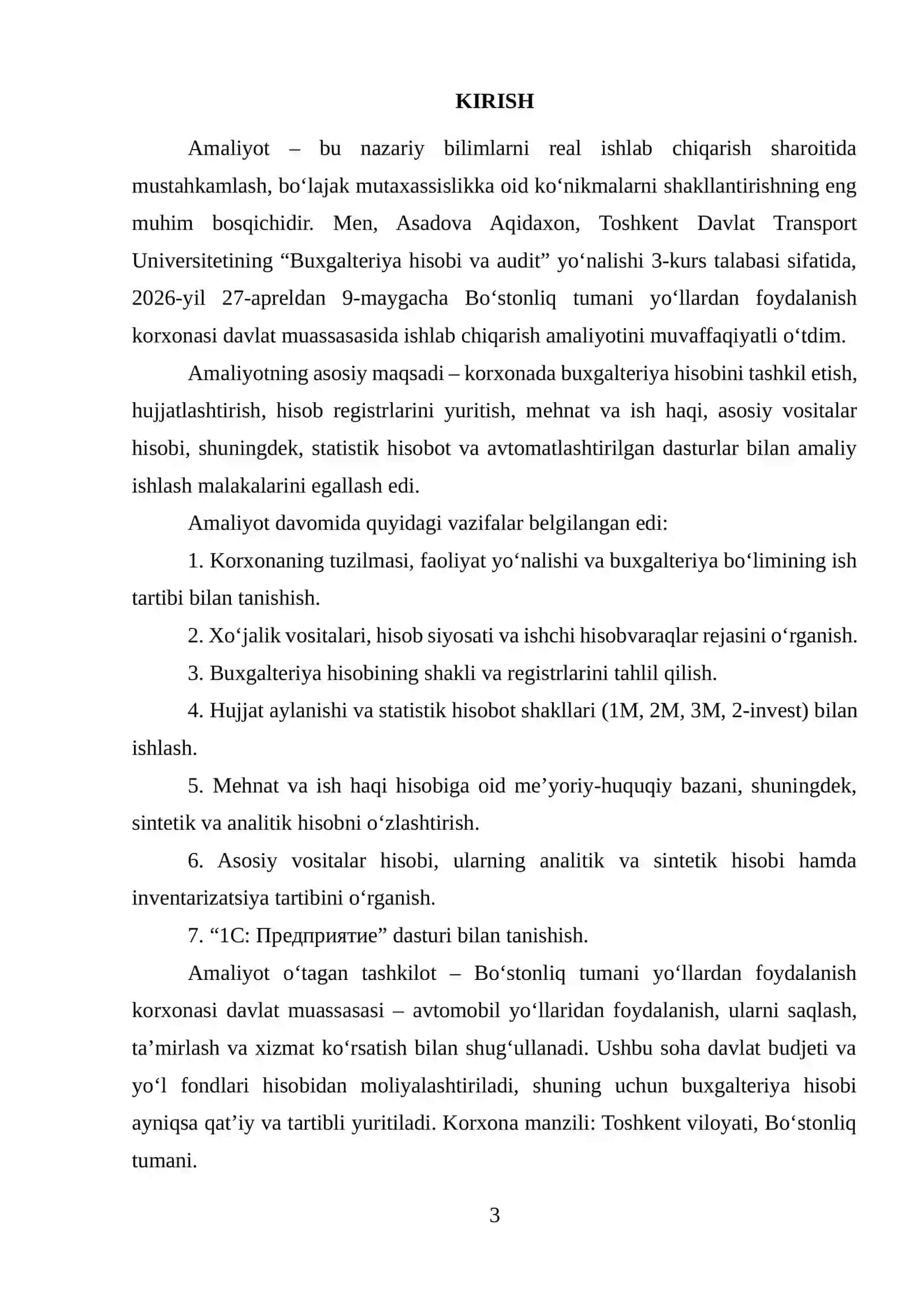 Bo‘stonliq tumani yo‘llardan foydalanish korxonasi davlat muassasasi. Amaliyot hisoboti. 3