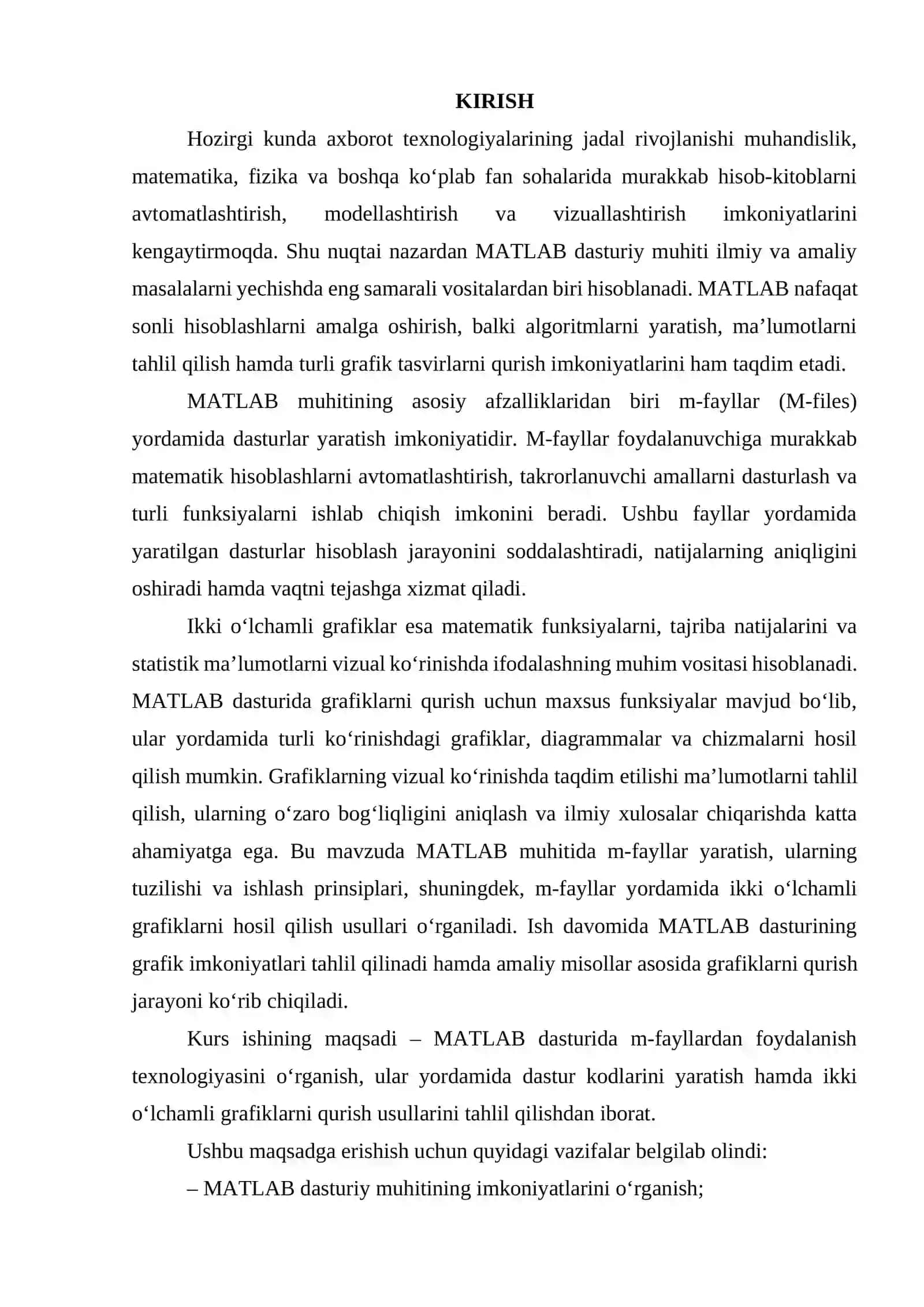 Matlab dasturida m-fayllar orqali matlab kodi yozish va ular orqali ikki o'lchamli grafiklarni qurish 3