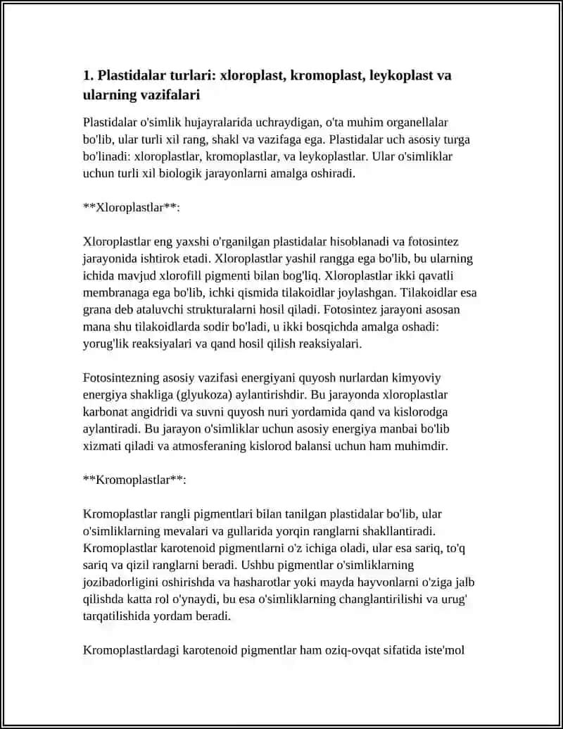 PLASTIDALARNING OSIMLIK ORGANIZMDAGI AHAMYATI 3