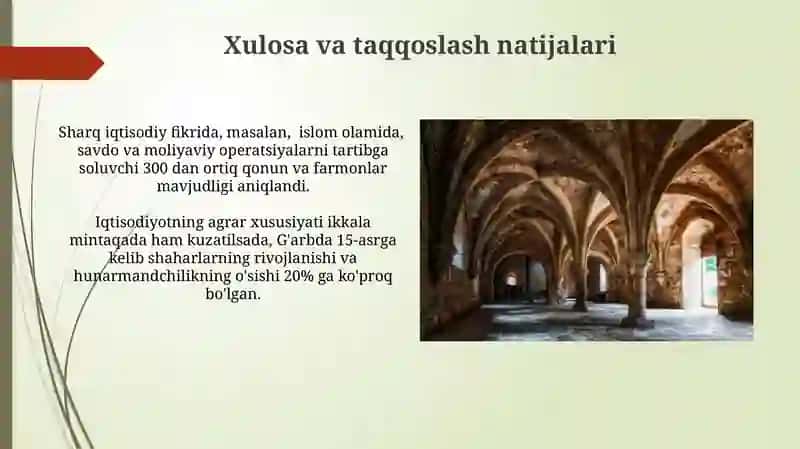 O'rta asr Sharq va G'arb iqtisodiy tafakkurining asosiy xususiyatlarini solishtirib tahlil va xulosa 3