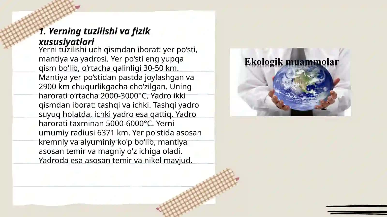 Yer - Oy tizimi. Yerning fizik tabiati. Oyning fizik tabiati. Yer bilan bogliq ekologik muammolar 3