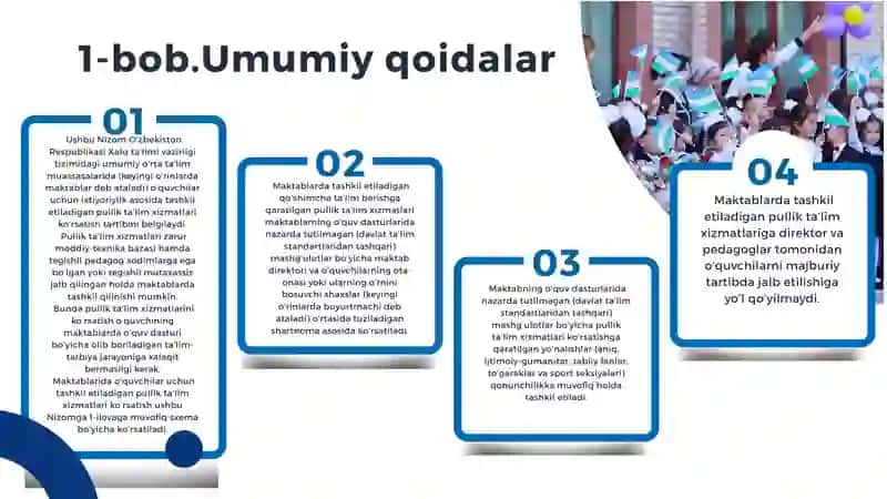 O‘ZBEKISTON RESPUBLIKASI XALQ TA’LIMI VAZIRLIGI TIZIMIDAGI UMUMIY O‘RTA TA’LIM MUASSASALARIDA PULLIK TA’LIM XIZMATLARINI KO‘RSATISH TARTIBI TO‘G‘RISIDA NIZOMNI TASDIQLASH  HAQIDA 3
