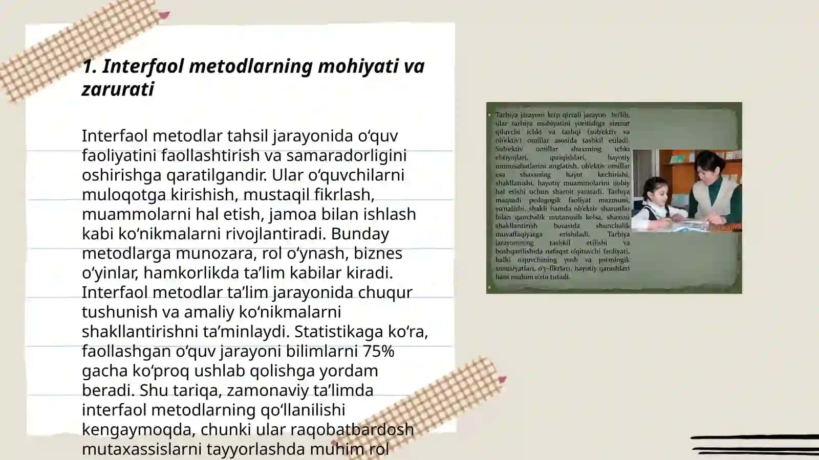 Tarbiya fanini oʻqitishda qoʻllaniladigan interfaol metodlar va ularning faol oʻqitishni amalga oshirishdagi ahamiyati 3