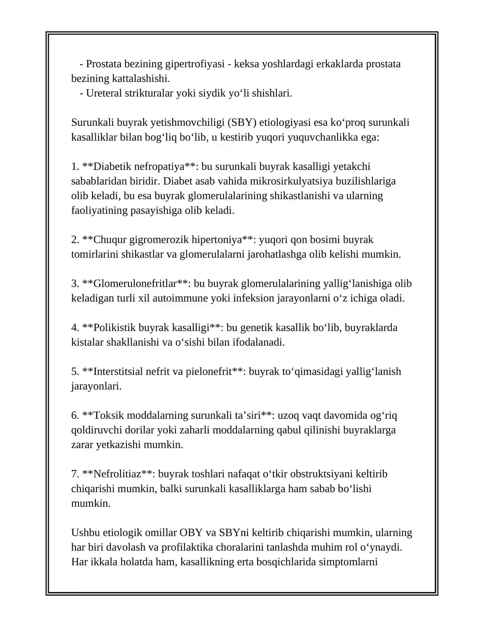 BUYRAK YETISHMOVCHILIGI (O'TKIR VA SURUNKALI) SIMPTOMATOLOGIYASI VA DIAGNOSTIKASI DAVOLASH PRITSIPI VA PROFILAKTIKASI 3