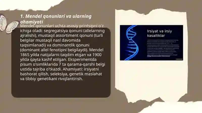 Belgilarning irsiylanish qonunlari.Irsiyat qonunlari.Genetik injineriyaning tibbiyotdagi roli.Antimutagenez 3