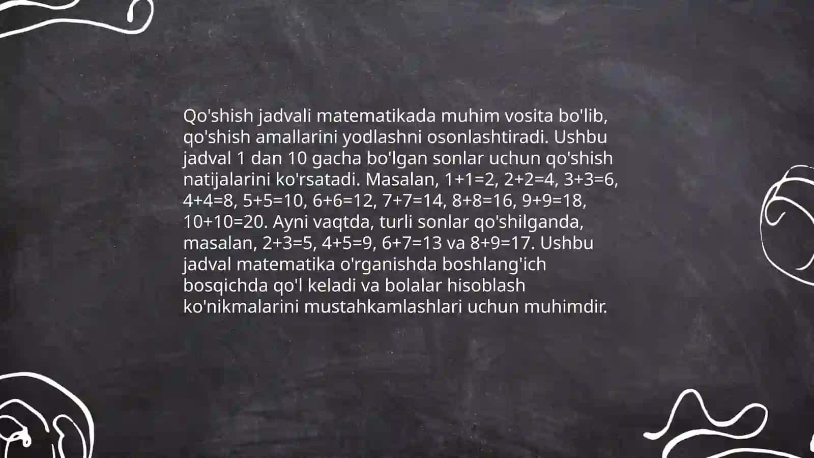 Qo'shish va ko'paytirish jadvallari hamda ularga hos bolish va ayrish hollarini or'gatish 3