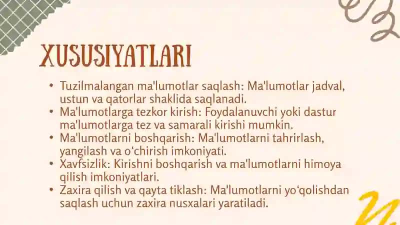 Ma’lumotlar bazasi tuzilmasini yaratish. Maʼlumotlarni boshqarish va taqdim etish 3
