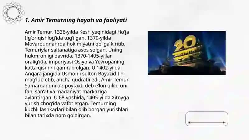 Amir Temur buyuk davlat arbobi xaqida rasmlari bilan slayd kurinishida 3