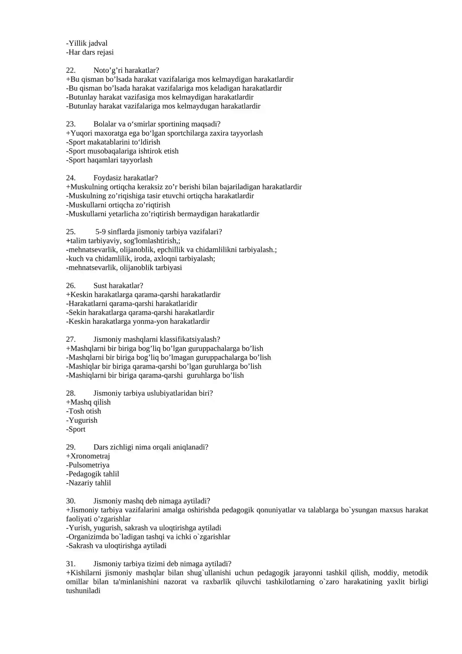 Jismoniy tarbiya nazariyasi va metodikasi fanidan oraliq nazorat uchun testlar to’plami 3