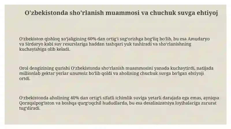 O'zbekistonda sho'r suvlarni chuchuklashtirish g'oyasinivyaratish 3