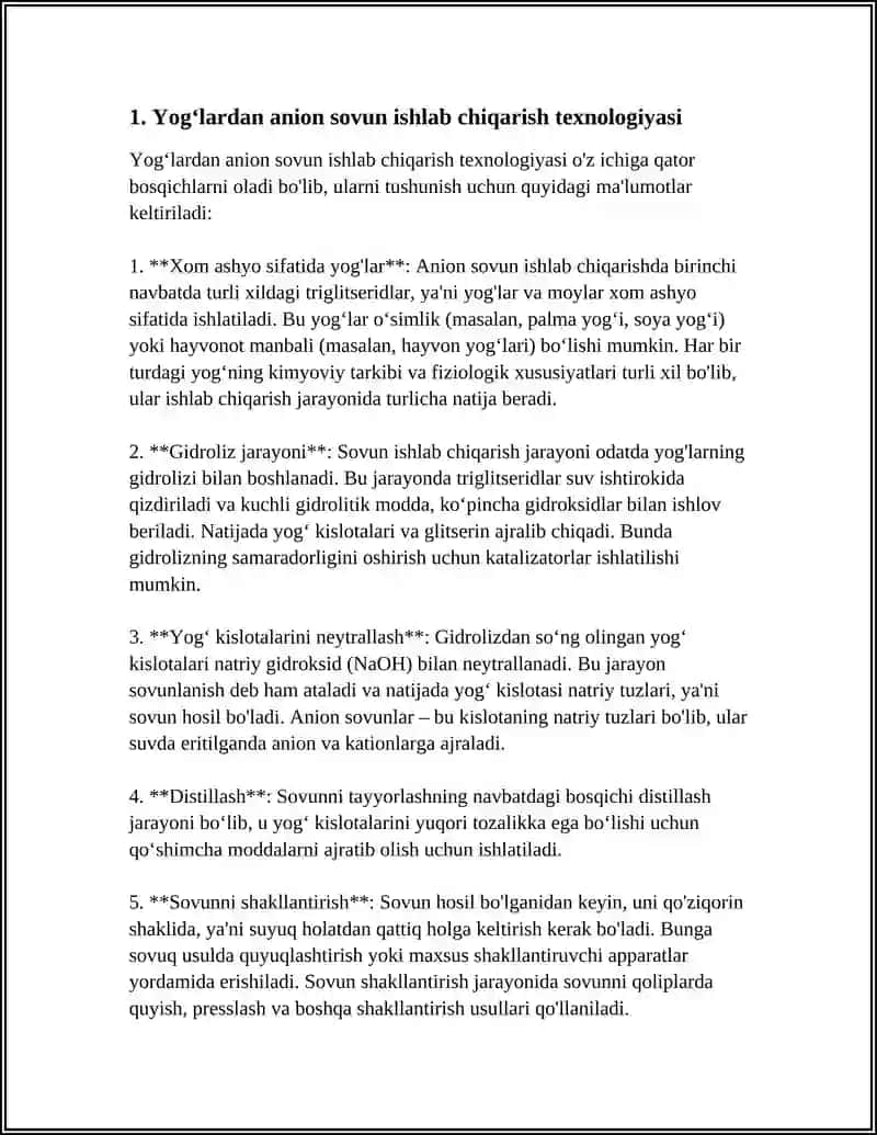 Yogʻlardan sovun ishlab chiqarish.GLUKOZANI BIJGʻISHIDAN OLINADIGAN MAHSULOTLAR 3