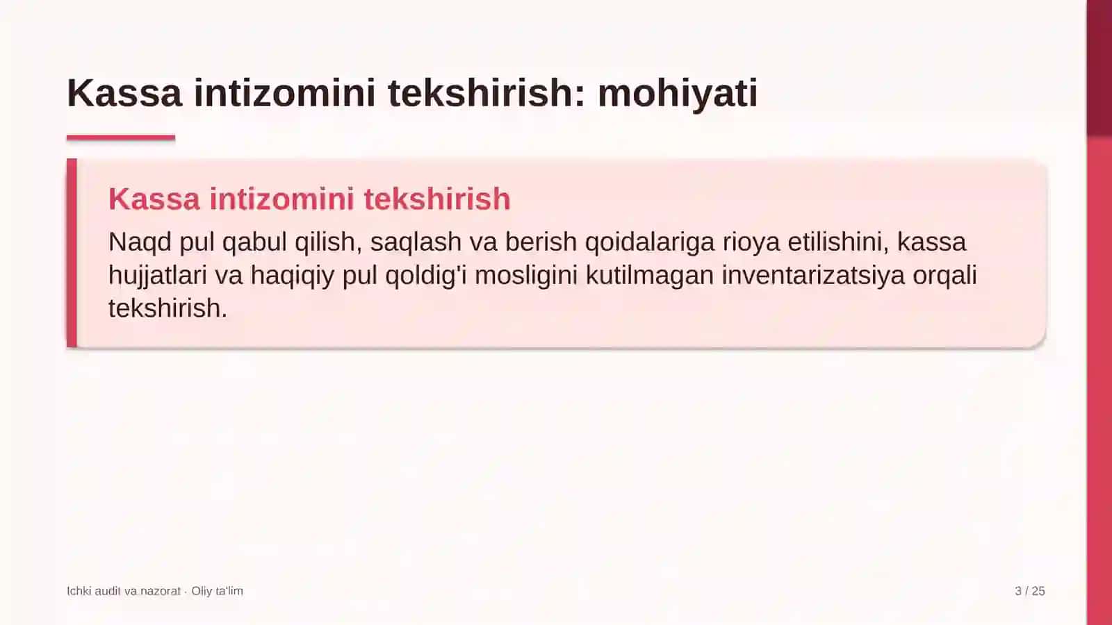 OLIY TA'LIM: Kassa intizomini tekshirish 3