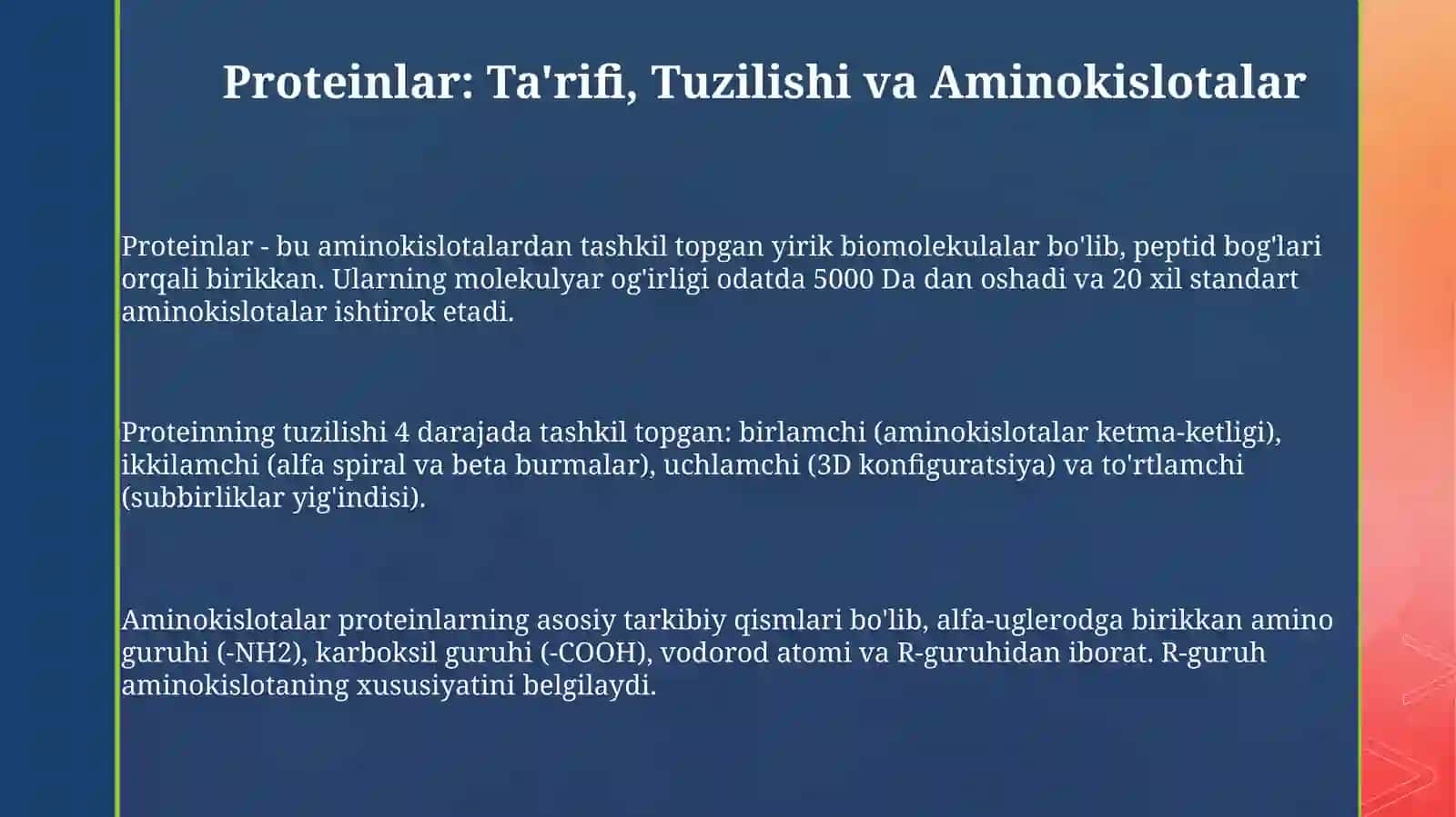 Proteinlar: Ta'rifi, Tuzilishi va Aminokislotalar 3