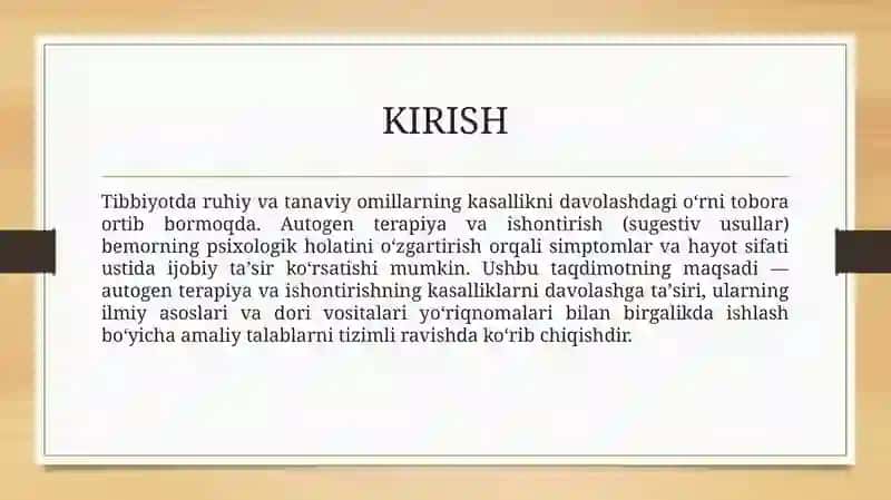 Autogen terapiya va ishontirishning kasallikni davolashga taʼsiri. Dori vositalari yoʻriqnomalari bilan ishlash talablari. 3