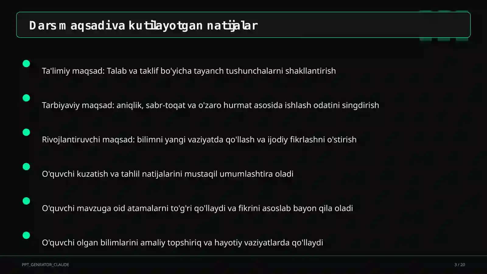Huquq va iqtisodiyot asoslari (9–11) — ochiq dars uchun 3