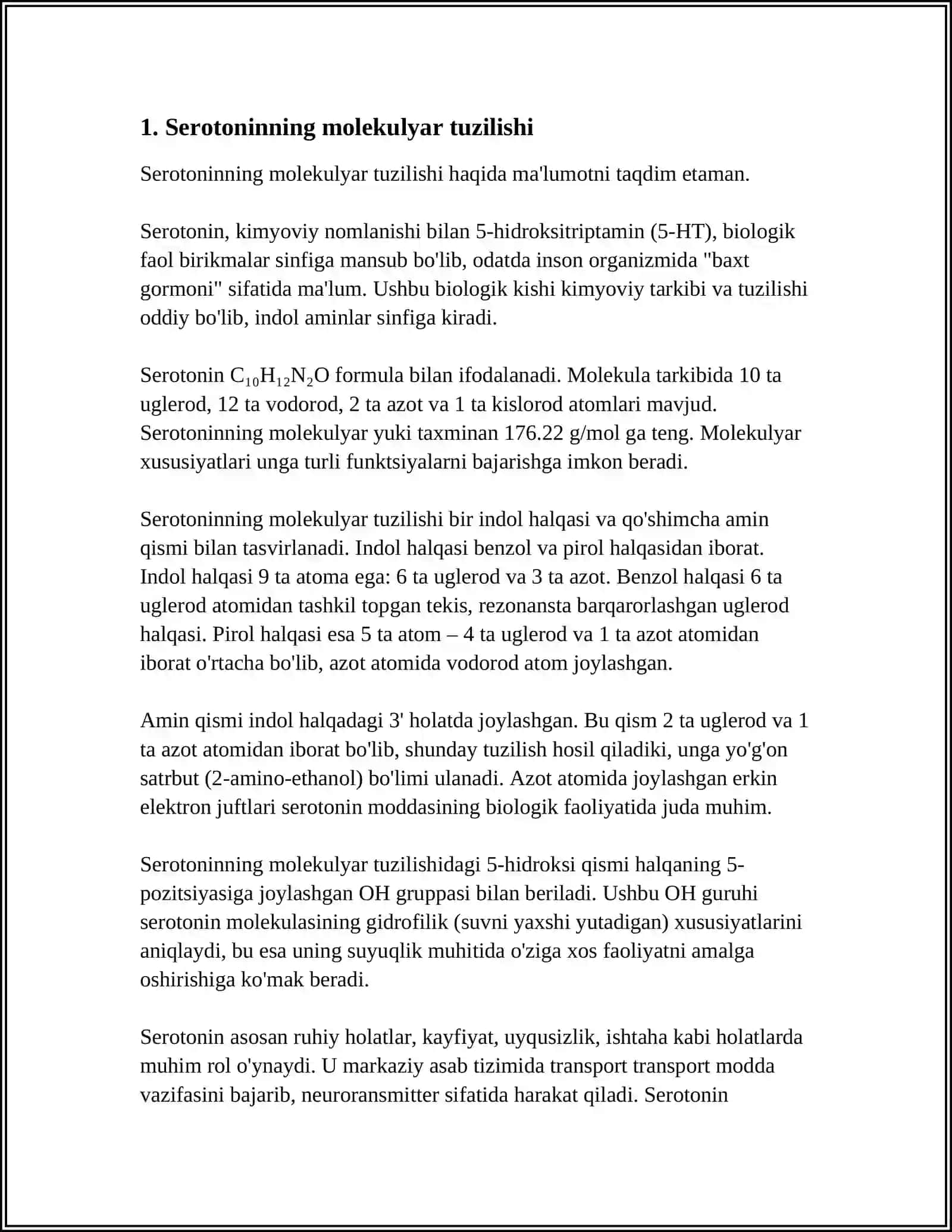 SEROTANINNING BIOKIMYO FANIDAGI BIOLOGIK AHAMIYATI 3