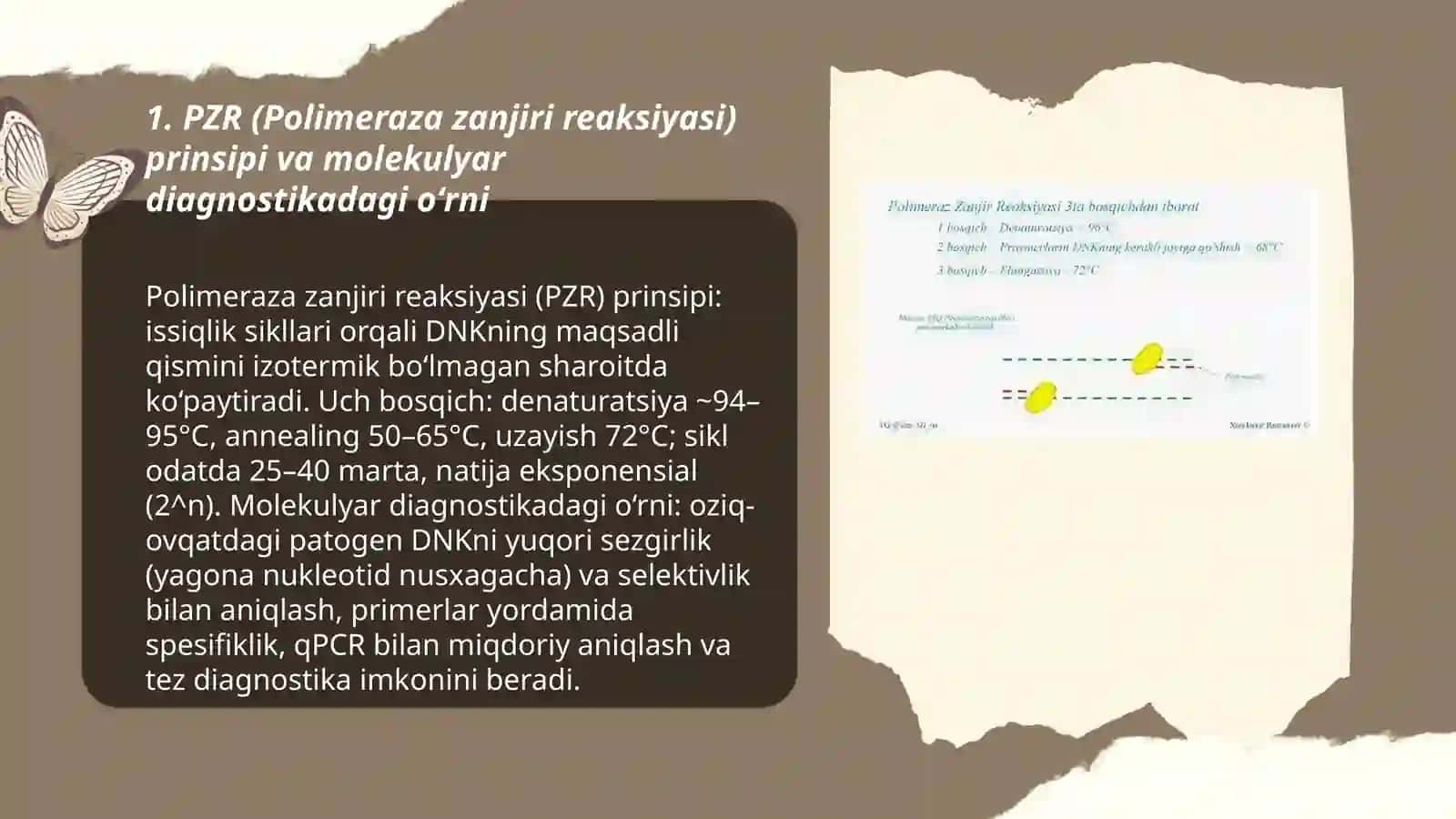 Polimeraza zanjiri reaksiyasi (PZR) usulini oʻzlashtirish: Oziq-ovqat mahsulotlarida patogen DNKni aniqlash., Molekulyar diagnostika 3