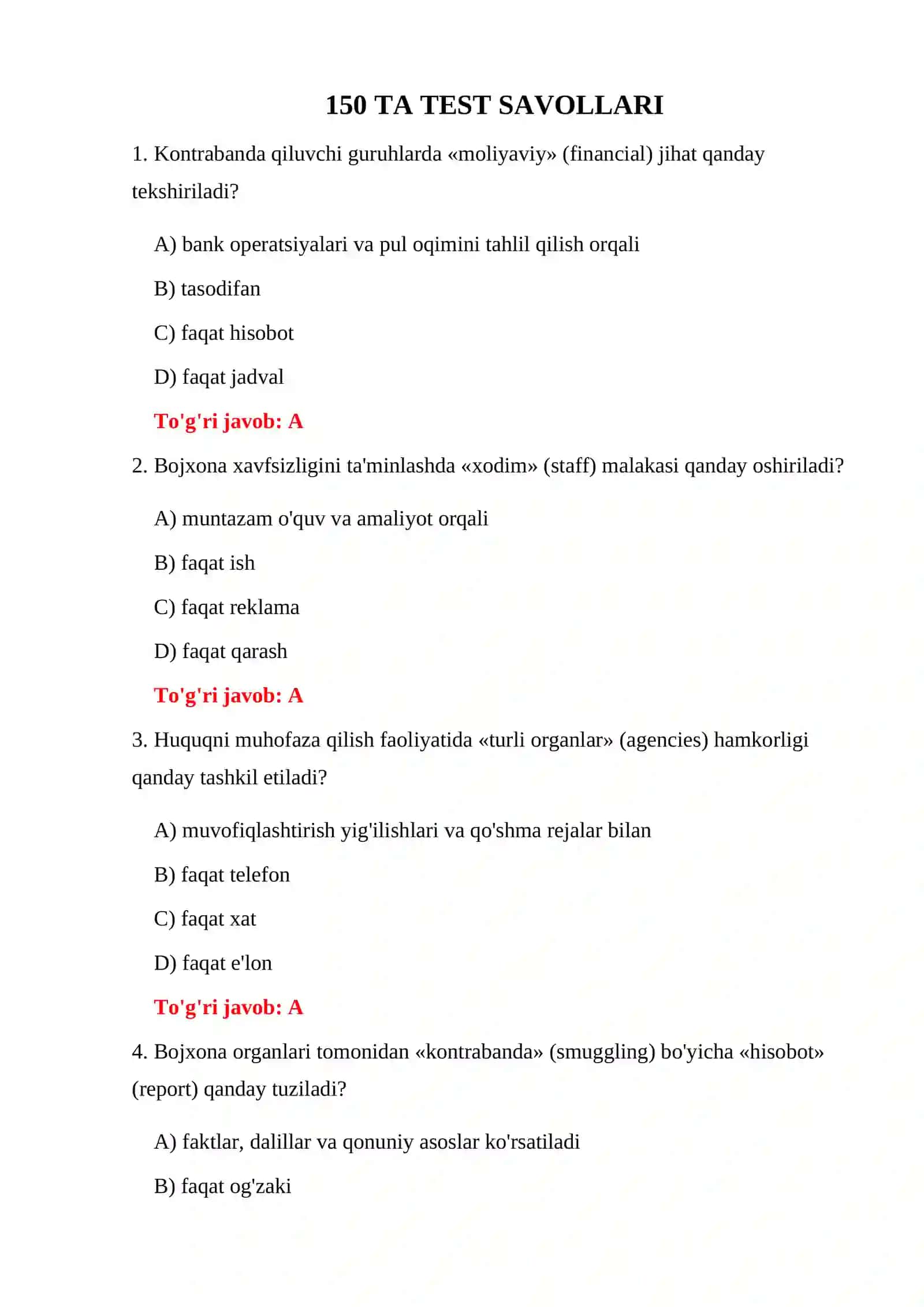 BOJXONA HUQUQBUZARLIKLARI BO'YICHA SAVOLLAR 3