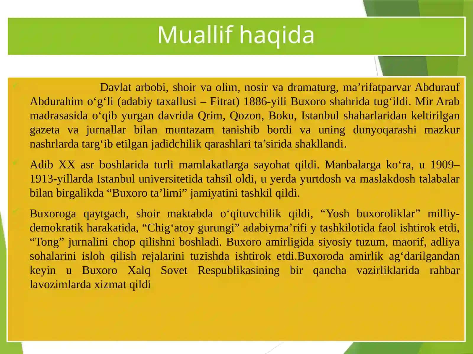 10-sinf Adabiyot fanidan dars ishlanma. Abdurauf Fitrat (1886-1938). Abulfayzxon dramasi 3