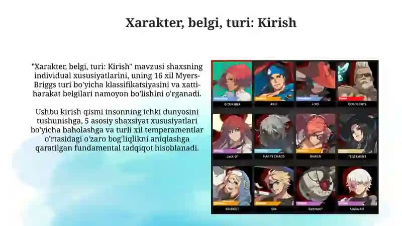 Xarakter, belgi, turi: Kirish 3