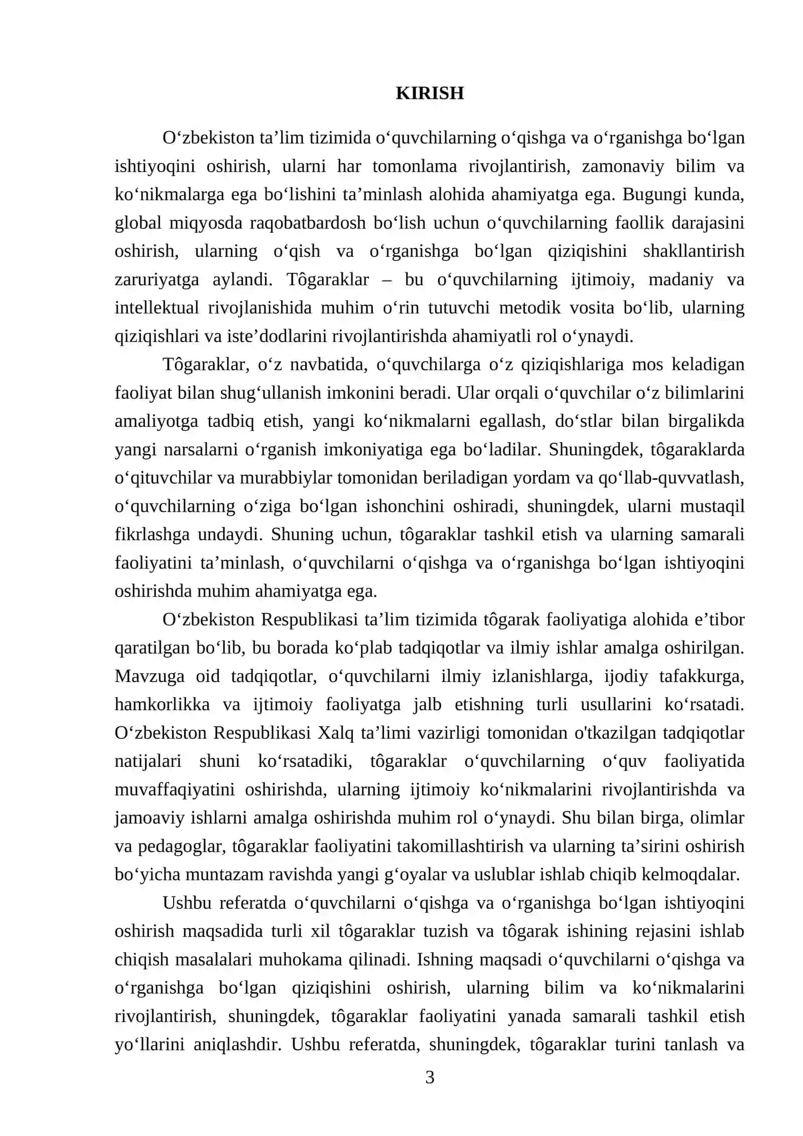 Òquvchilarni òqishga va òrganishga bòlgan ishtiyoqini oshirish uchun turli xil tògaraklar tuzishni hamda tògarak ishining rejasini ishlab chiqish 3