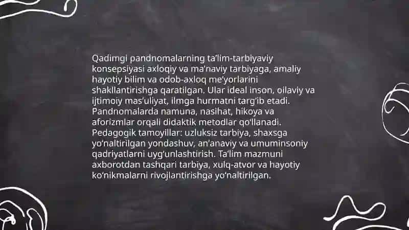 Qadimgi pandnomalarning taʼlim tarbiyaviy ahamiyati 3
