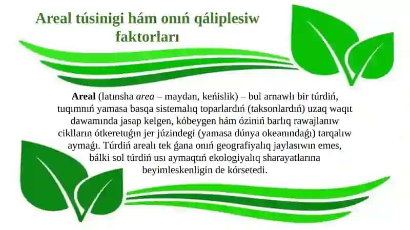 Areal tusiniginiń tur, turkim hám sistemalıq toparlardıń geografiyalıq  xarateristikasi ekenligi 3