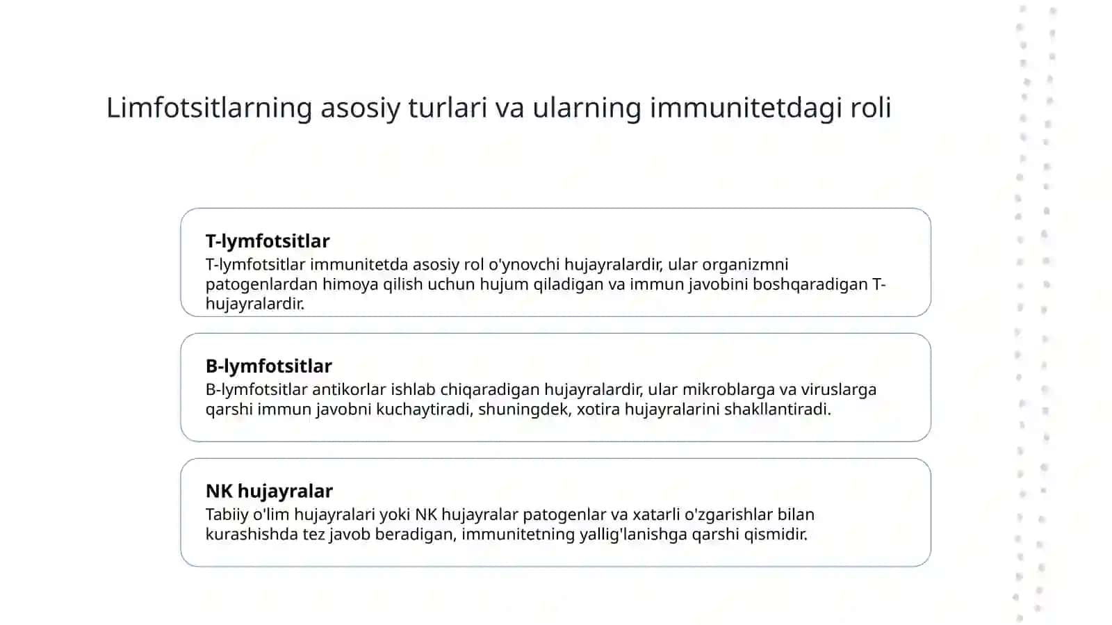Limfotsitopoezning hususiyatlari. Limfotsitlarning populyatsiyalari va subpopulyatsiyalari. Ularning tuzilishi va vazifalari.Limfaning hosil bo’lishi, tarkibi va vazifalari. 3