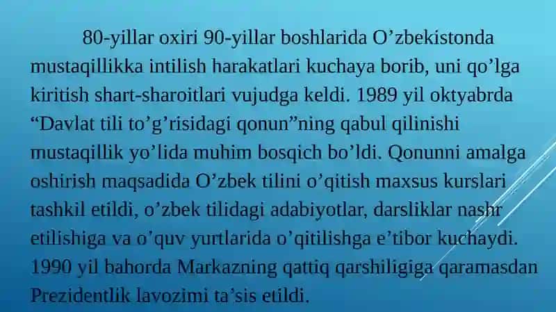 Mavzu:O’zbekistonda davlat mustaqilligining qo’lga   kiritilishi 3