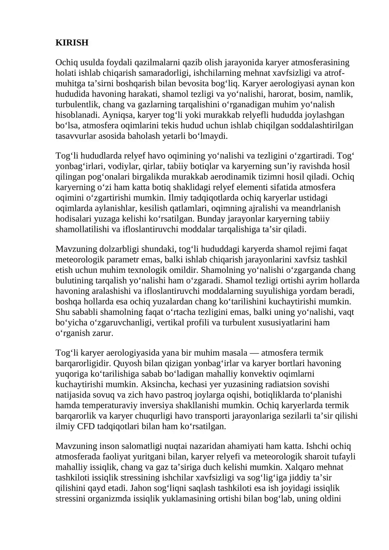 Tog‘li hududlarda joylashgan karyerlarning aerologik xususiyatlari va shamol rejimini hisobga olish 3