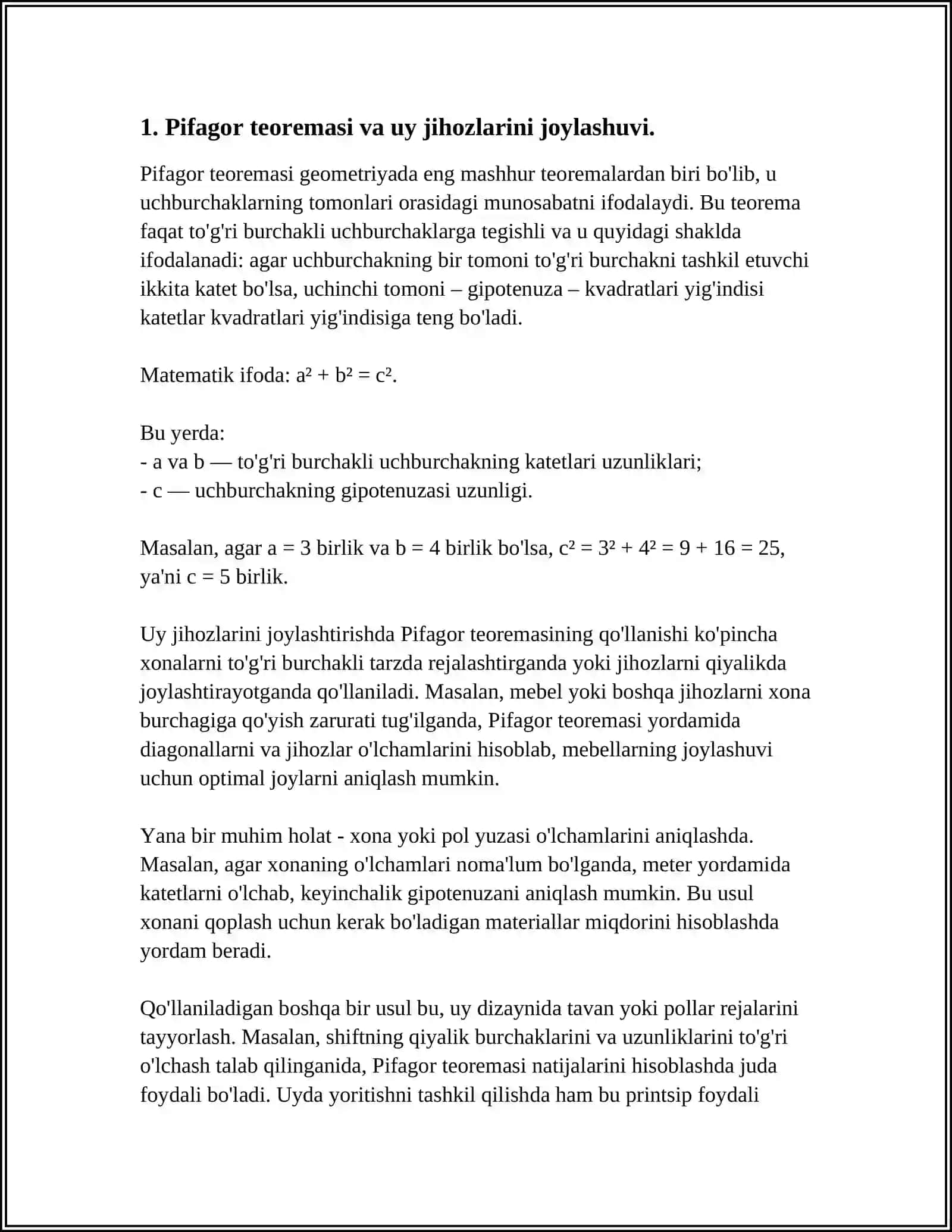 UYNI TA'MIRLASH VA DIZAYN LOYIHASINI TAYYORLASHDA PIFAGOR TEOREMASINING TADBIG'I 3