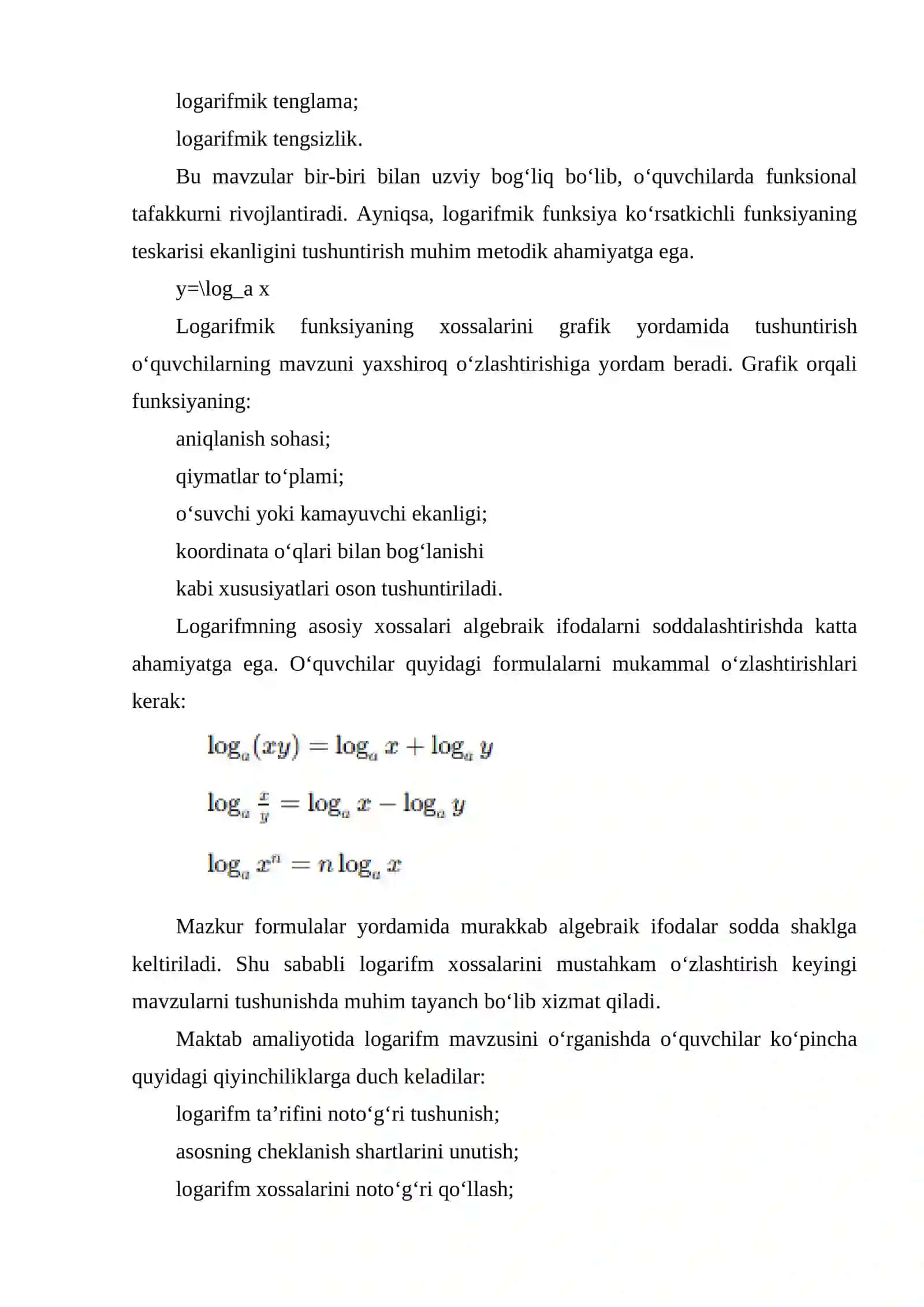 MAKTAB MATEMATIKA KURSIDA LOGARIFM MAVZULARNI OʻQITISH METODI VA UNI TATBIQLARI 3
