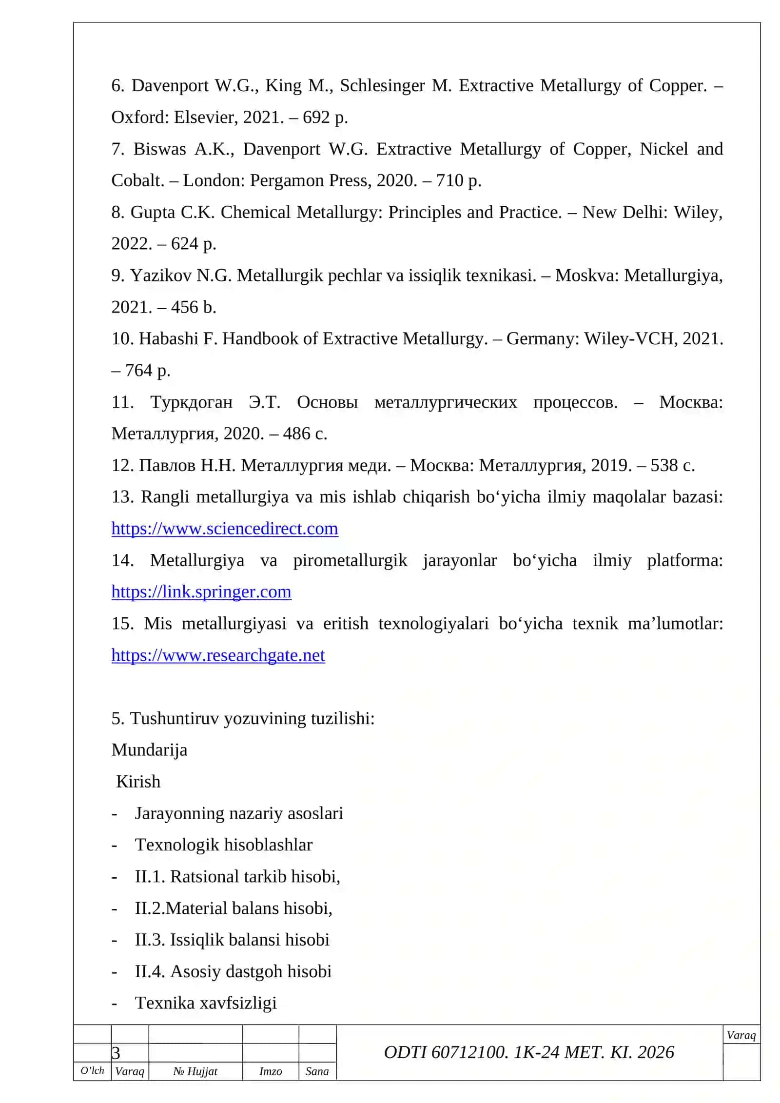 Mis konsentratini Yallig‘ qaytaruvchi pechda eritish amaliyoti hisobi.,. 3