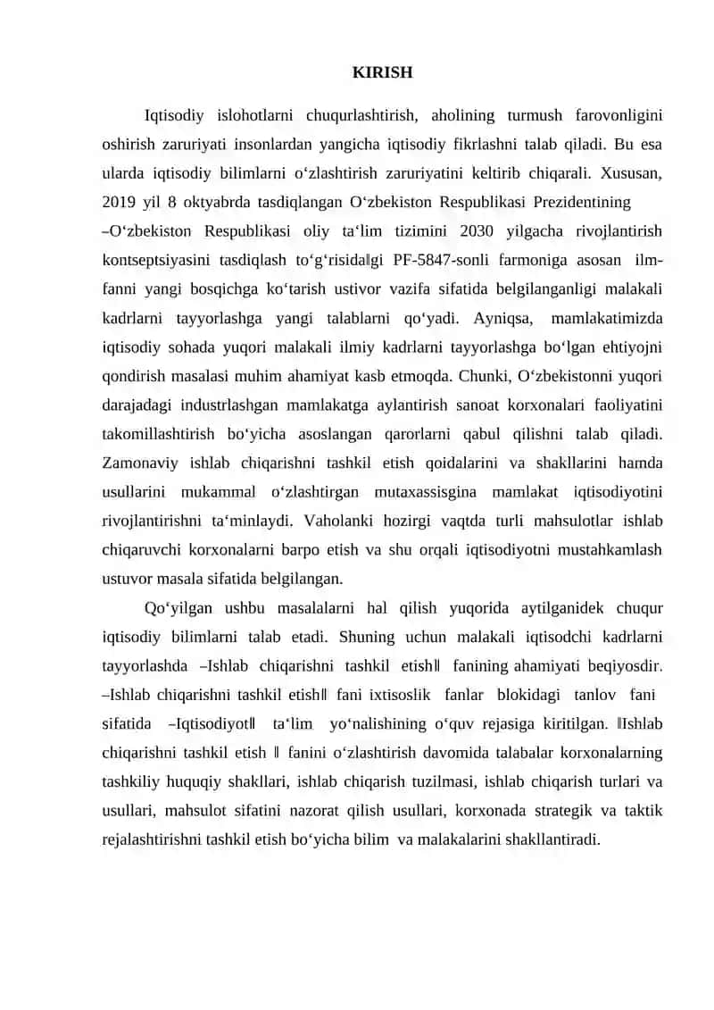 ISHLAB CHIQARISHNI TASHKIL ETISH DARSLIK 3