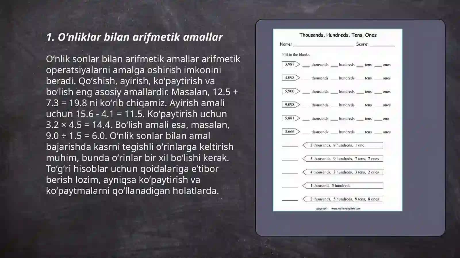 Oʻnlik yuzlik minglik va koʻp xonali sonlar konsentrida arifmetik amallar metodikasi 3