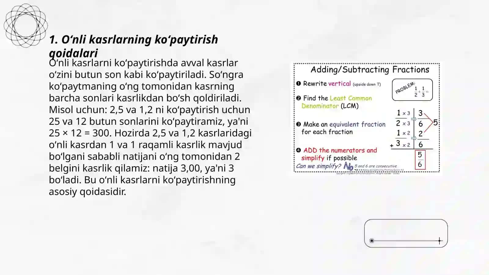 Oʻnli kasrlarni koʻpaytirish va boʻlishga doir misollar yechish 3