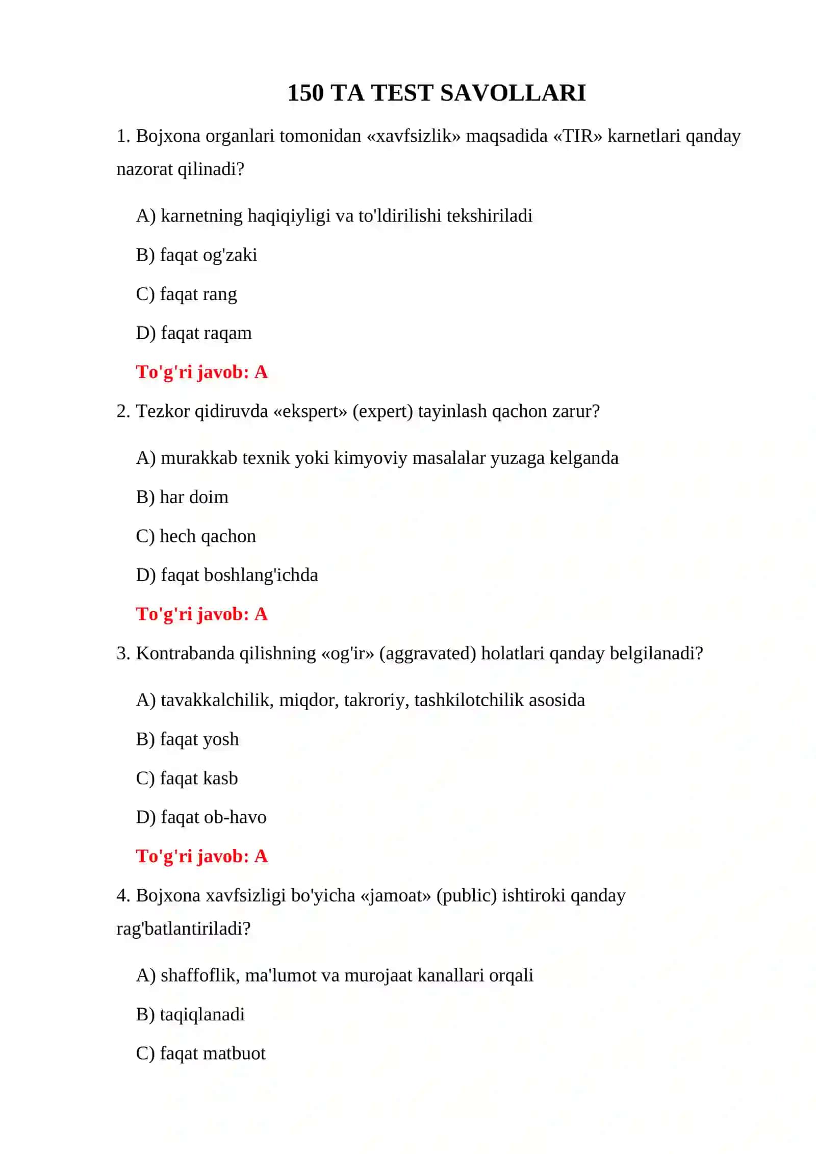 BOJXONA HUQUQBUZARLIKLARI SAVOL-JAVOBLARI 3