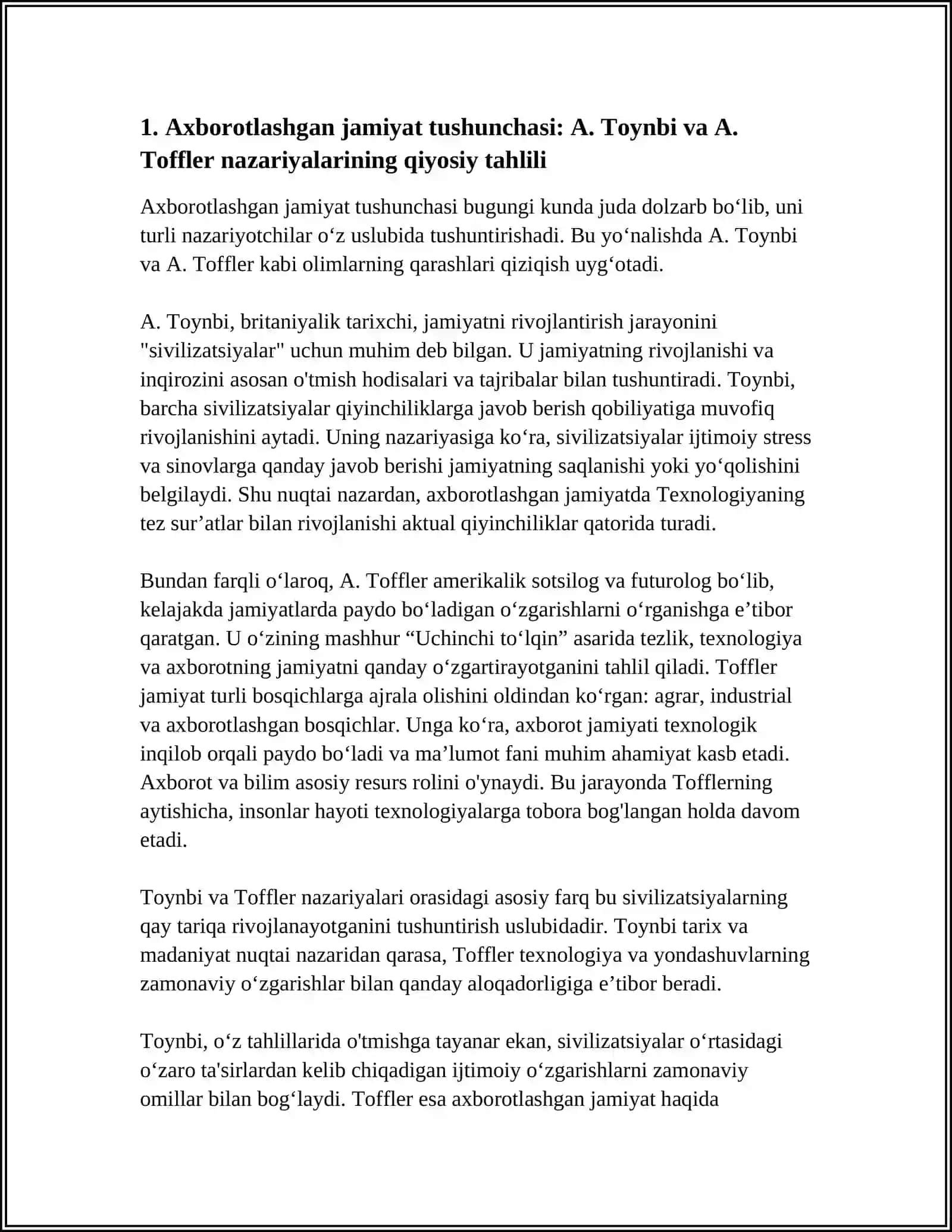 "AXBOROTLASHGAN JAMIYAT VA UNING ISTIQBOLLARI" MAVZUDIDA ESSE TAYYORLASH(A.TOYNBI E.TOFFLER ASARNING QIYOSIY TAHLILI ASISIDA) 3
