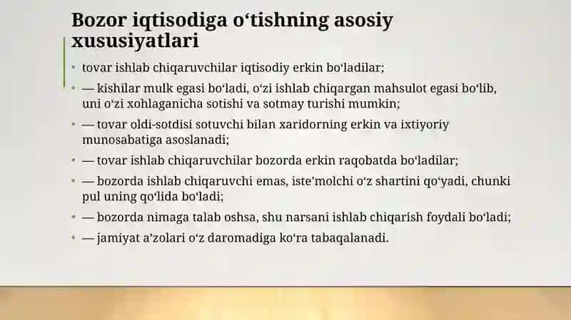 Bozor iqtisodiyotiga o‘tilishi, kichik biznes va xususiy tadbirkorlikning rivojlantirilishi, mamlakatimizdagi iqtisodiy o’sish 3
