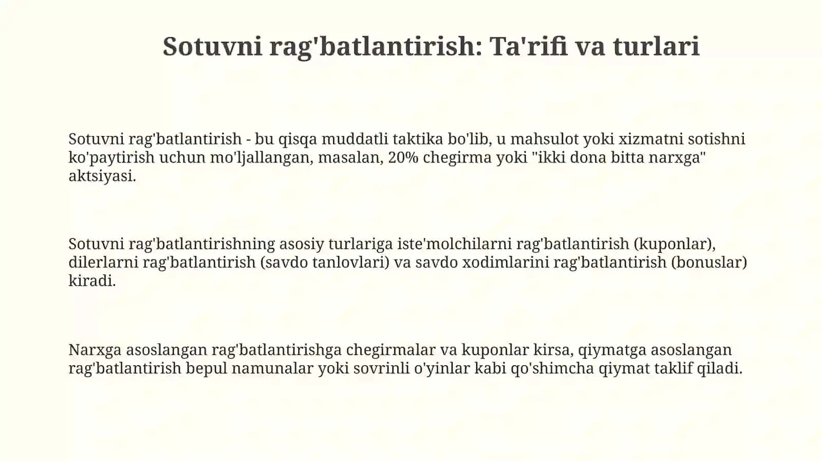 Marketingda sotishni rag‘batlantirishning o‘rni vaahamiyati 3