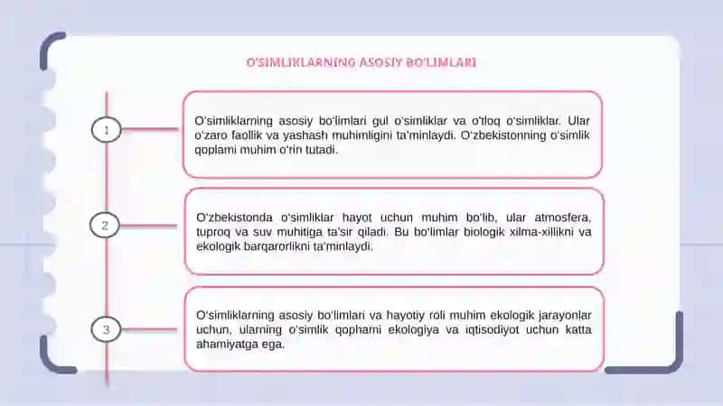 OʻSIMLIKLARNING ASOSIY BOʻLIMLARI VA HAYOTIYSHAKLLARI 3