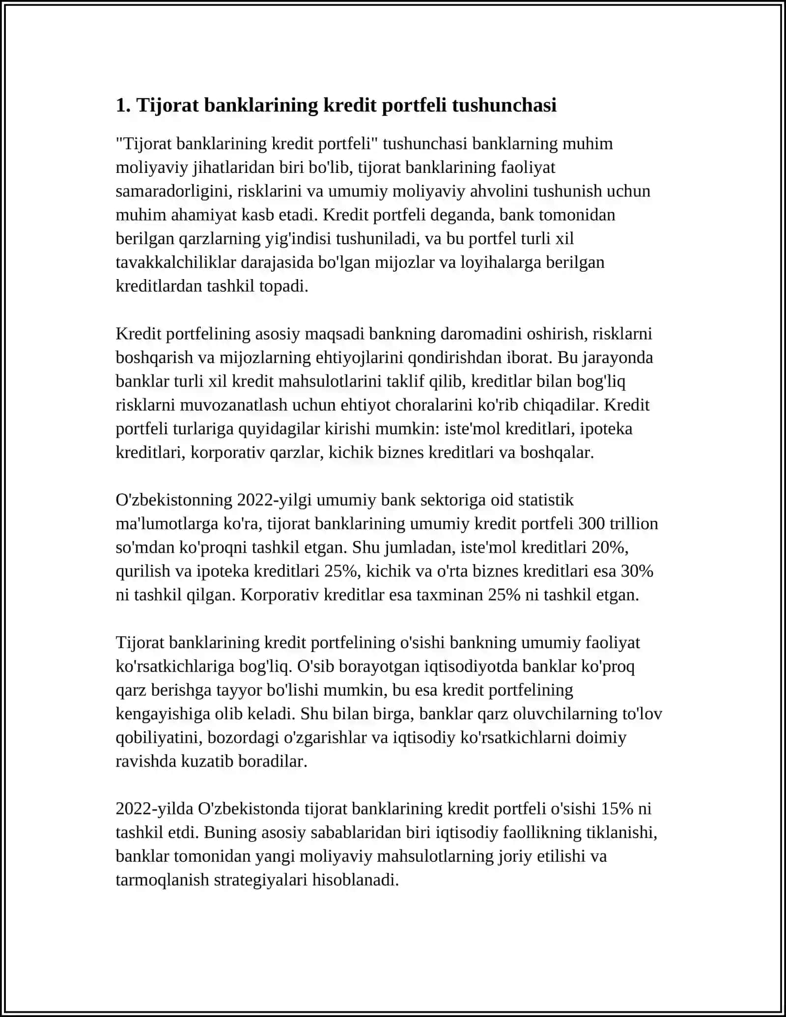 TIJORAT BANKLARINING KREDIT PORTFELI HAQIDA TUSHUNCHA 3