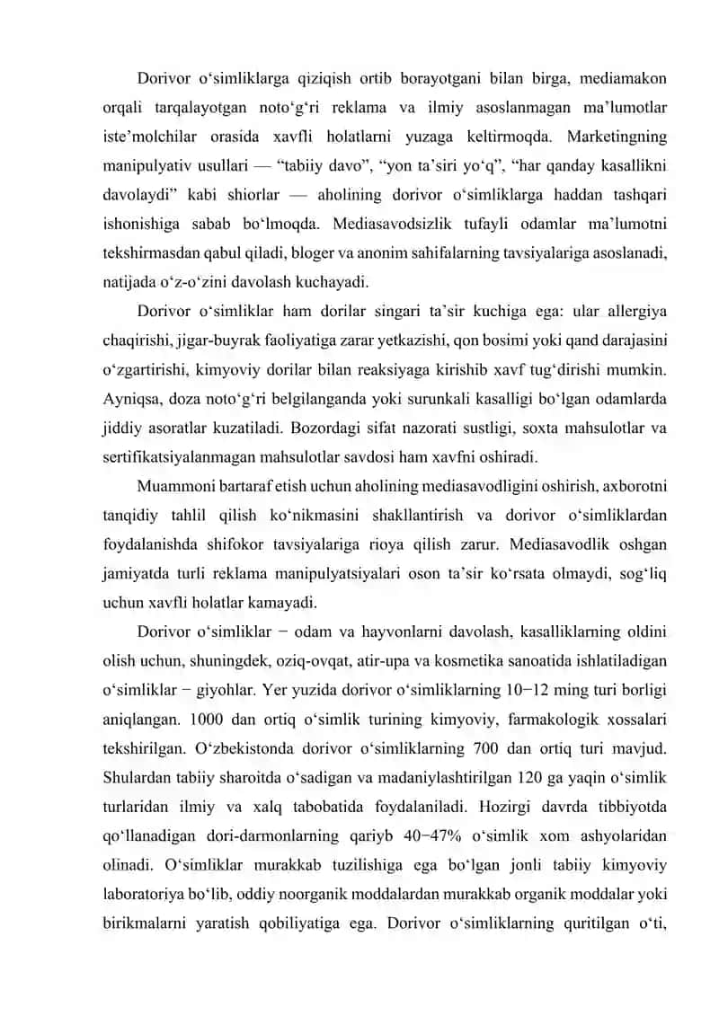 DORIVOR OʻSIMLIKLAR MARJETINGI MEDIASAVODSIZLIKNING SOGʻLIQ UCHUN XAVFI 3